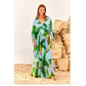 Farm Rio Fresh Bananas Butterfly-Sleeve Maxi Dress